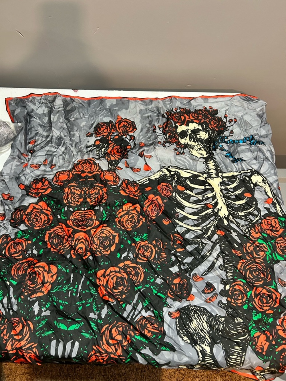 Skeleton & Rose in Gray with Orange Roses Grateful Dead scarf